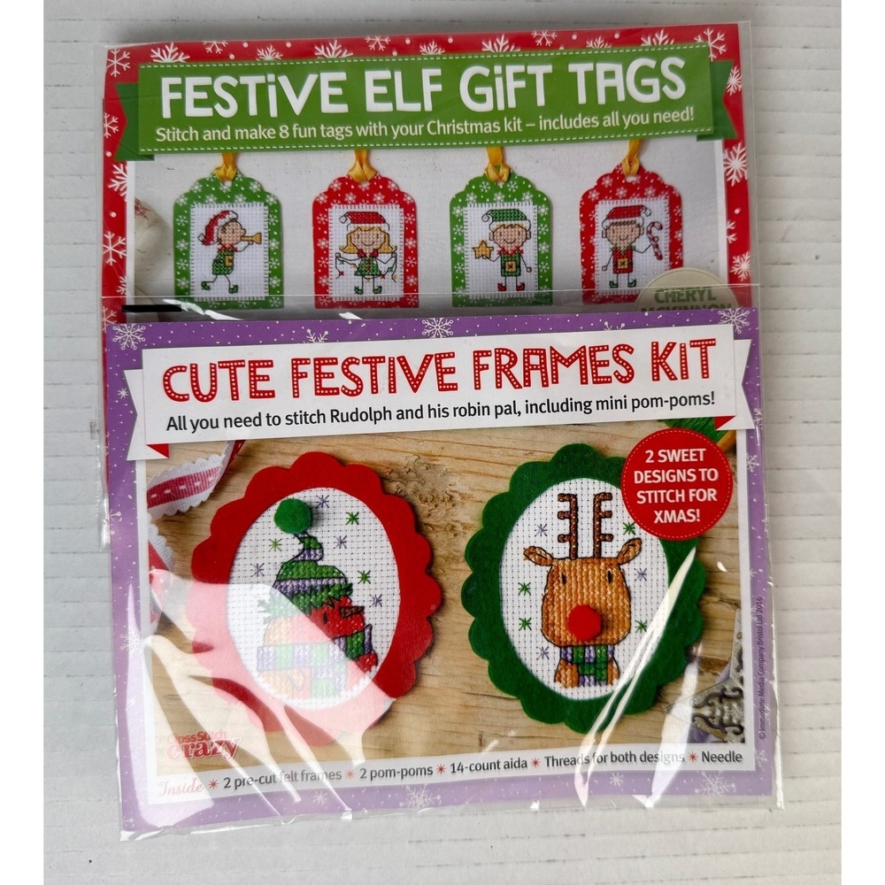 New Festive cross stitch Elf Gift Tags Cheryl McKinnon Festive Frame Kit craft
